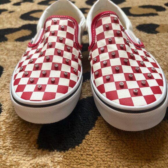 Vans Classic Slip-On – Red & White Checkerboard with Rhinestone Studs - Picture 7 of 8